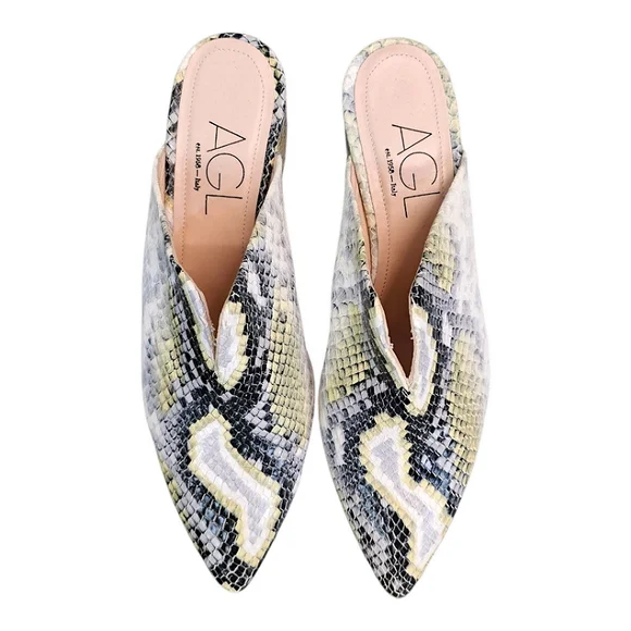 AGL Leather Snakeskin Pointed Toe Mules Size 7.5 Green & Gray Designer Luxury - Picture 5 of 15